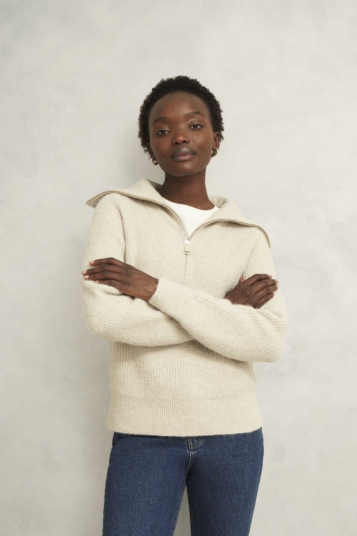 Hobbs London Hobbs London Women's Sandy Zip Up Jumper in Cream