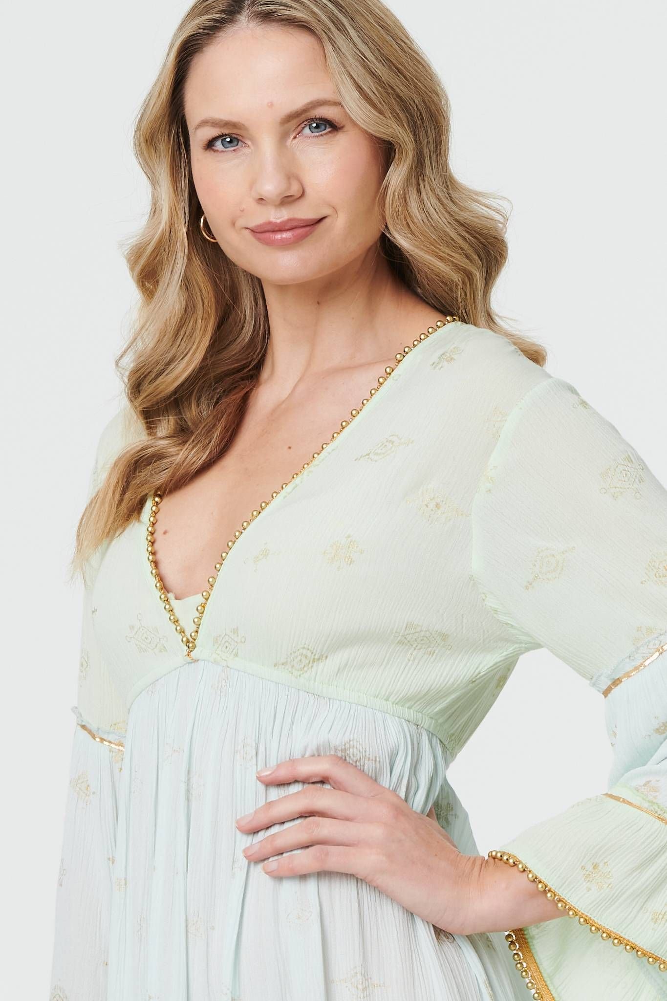 Izabel London Izabel London Women's Embellished Tiered Empire Maxi Dress in Green - 4