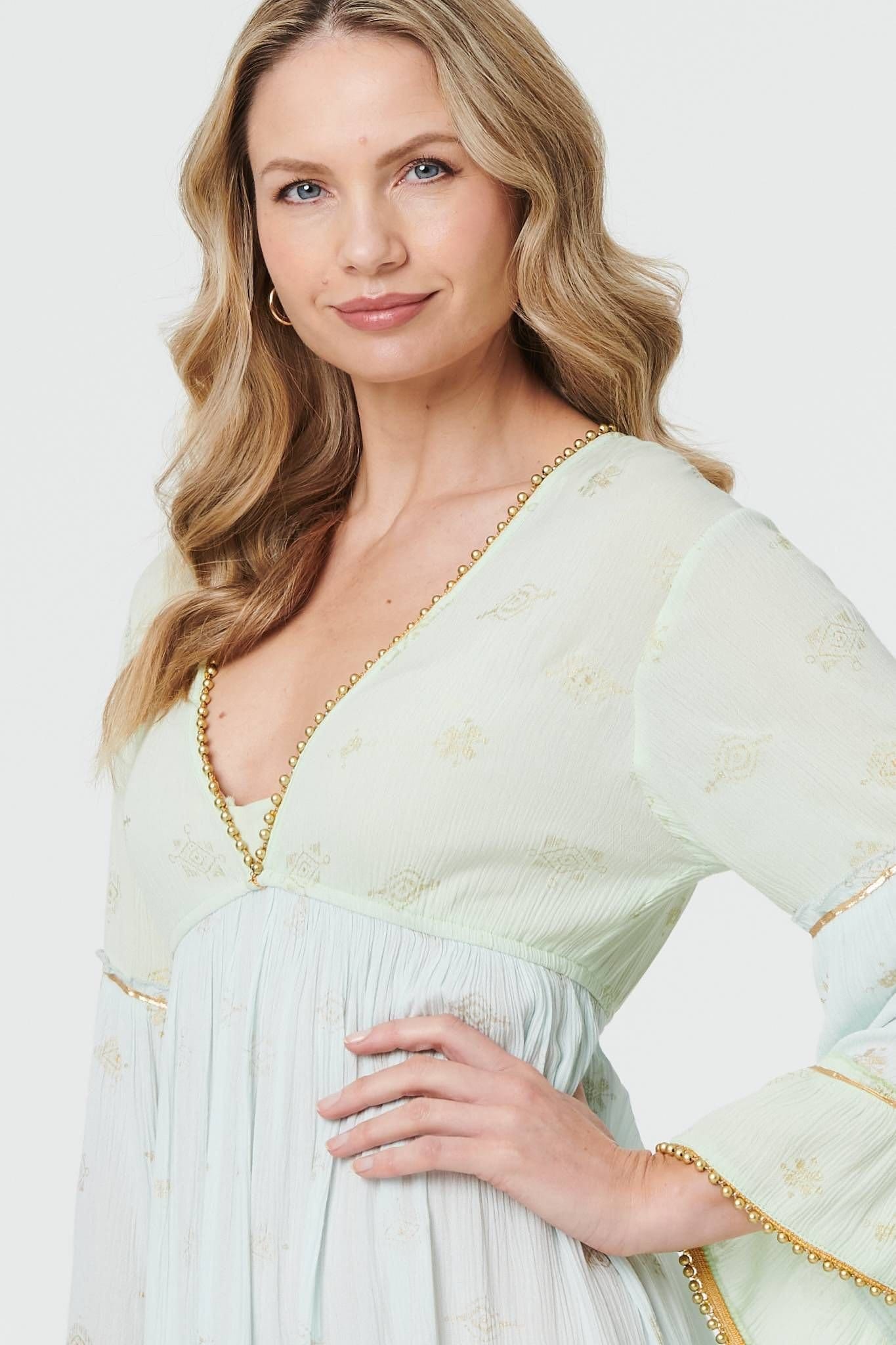 Izabel London Izabel London Women's Embellished Tiered Empire Maxi Dress in Green - 4