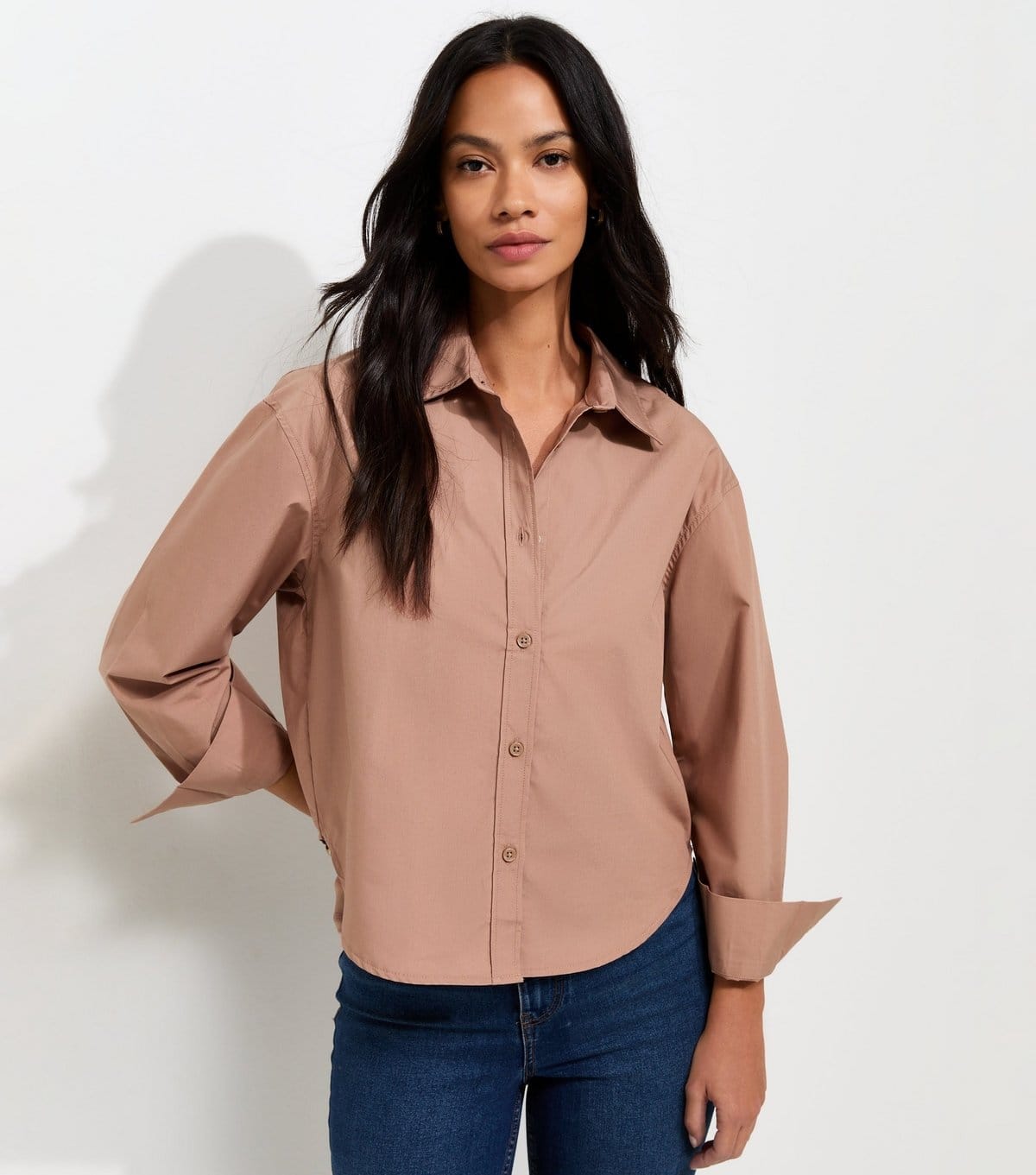 New Look Mink Cotton Poplin Boxy Fit Long Sleeve Shirt