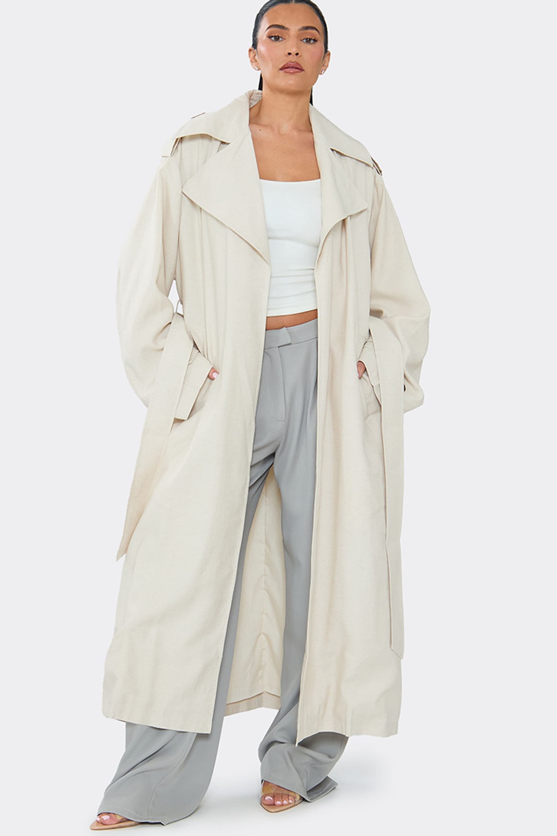 EGO EGO Cream Linen Oversized Maxi Trench Coat