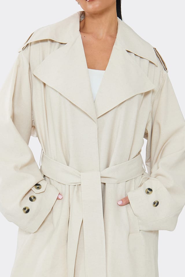 EGO EGO Women's Long Sleeve Linen Maxi Coat in Cream - 3