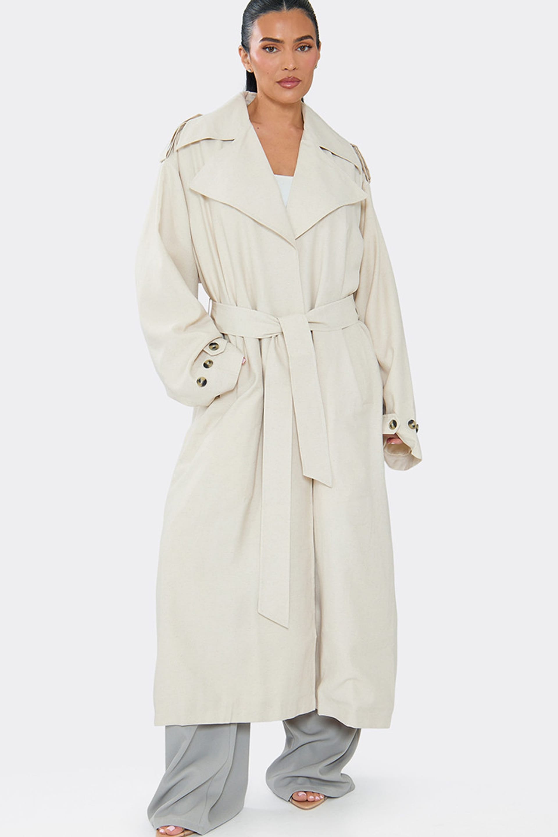 EGO EGO Women's Long Sleeve Linen Maxi Coat in Cream - 4