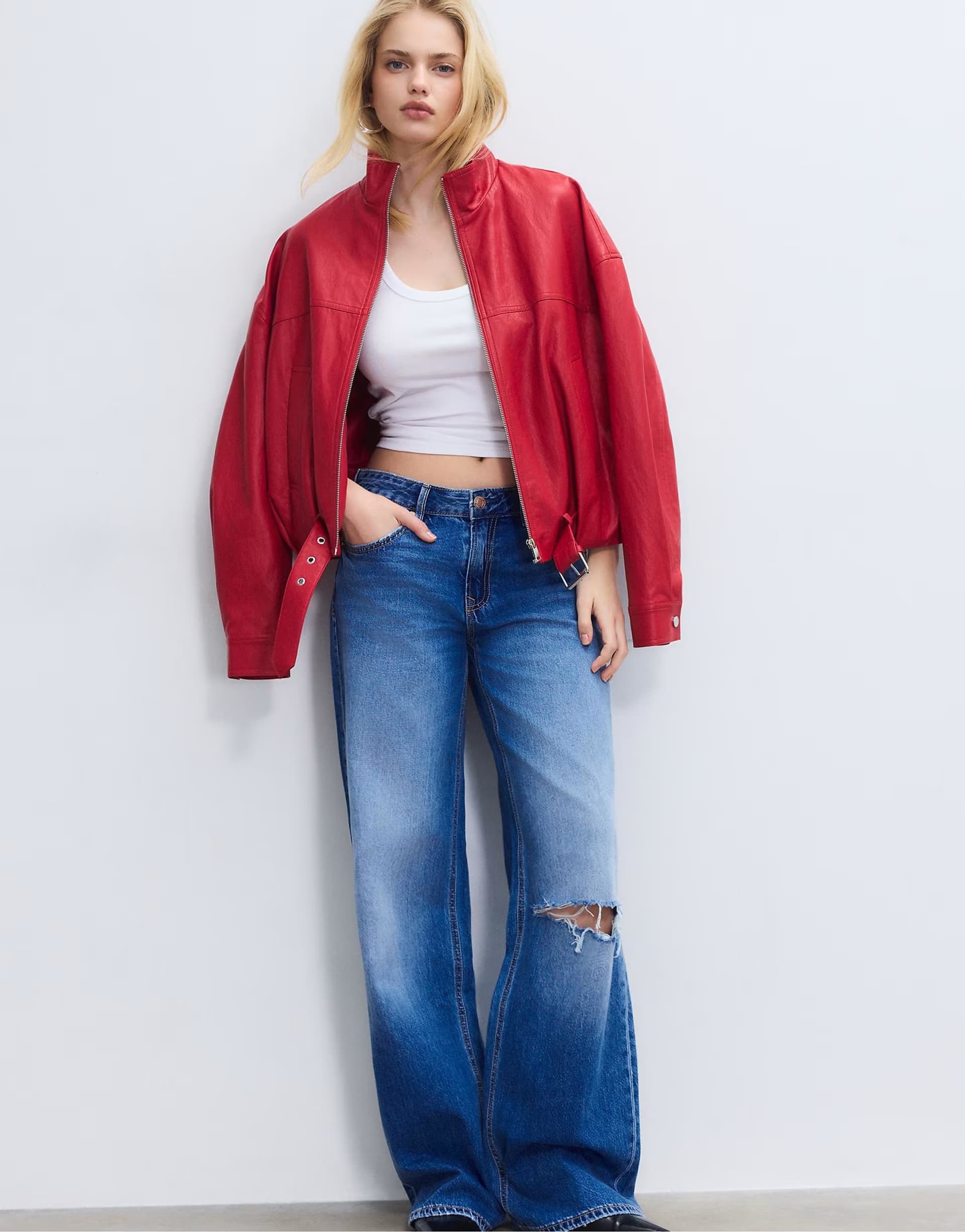 ASOS Stradivarius Leather effect balloon jacket with belt detail in red
