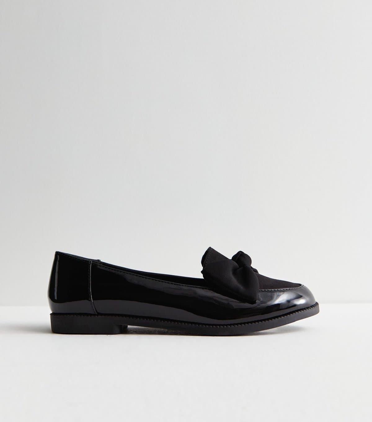 New Look Women's Black Patent Suedette Bow Loafers New Look