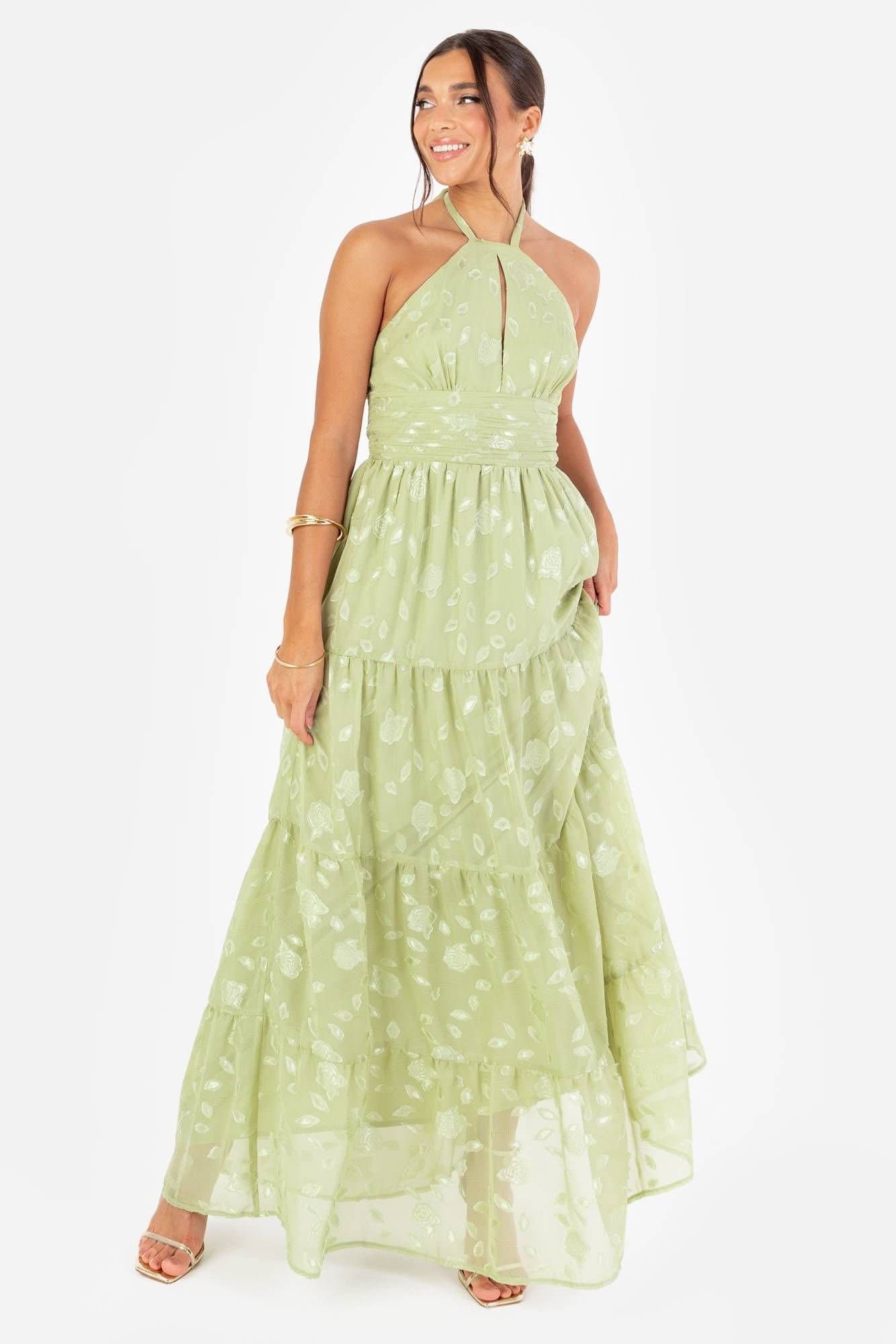 Maya Deluxe Maya Deluxe Women's Floral Self-Tie Halter Neck Maxi Dress in Bright Green