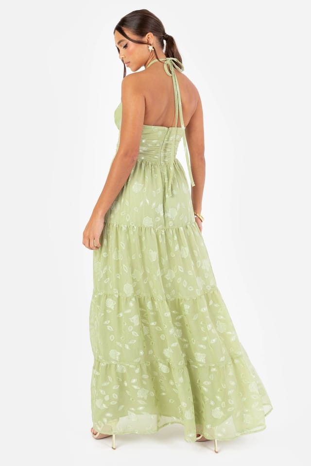 Maya Deluxe Maya Deluxe Women's Floral Self-Tie Halter Neck Maxi Dress in Bright Green - 2