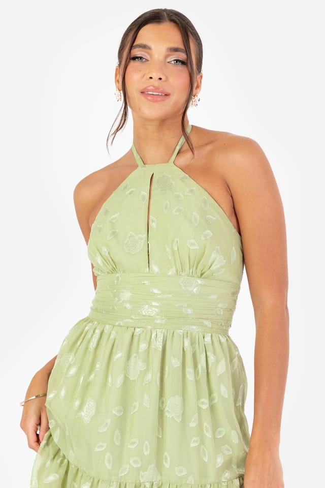 Maya Deluxe Maya Deluxe Women's Floral Self-Tie Halter Neck Maxi Dress in Bright Green - 3