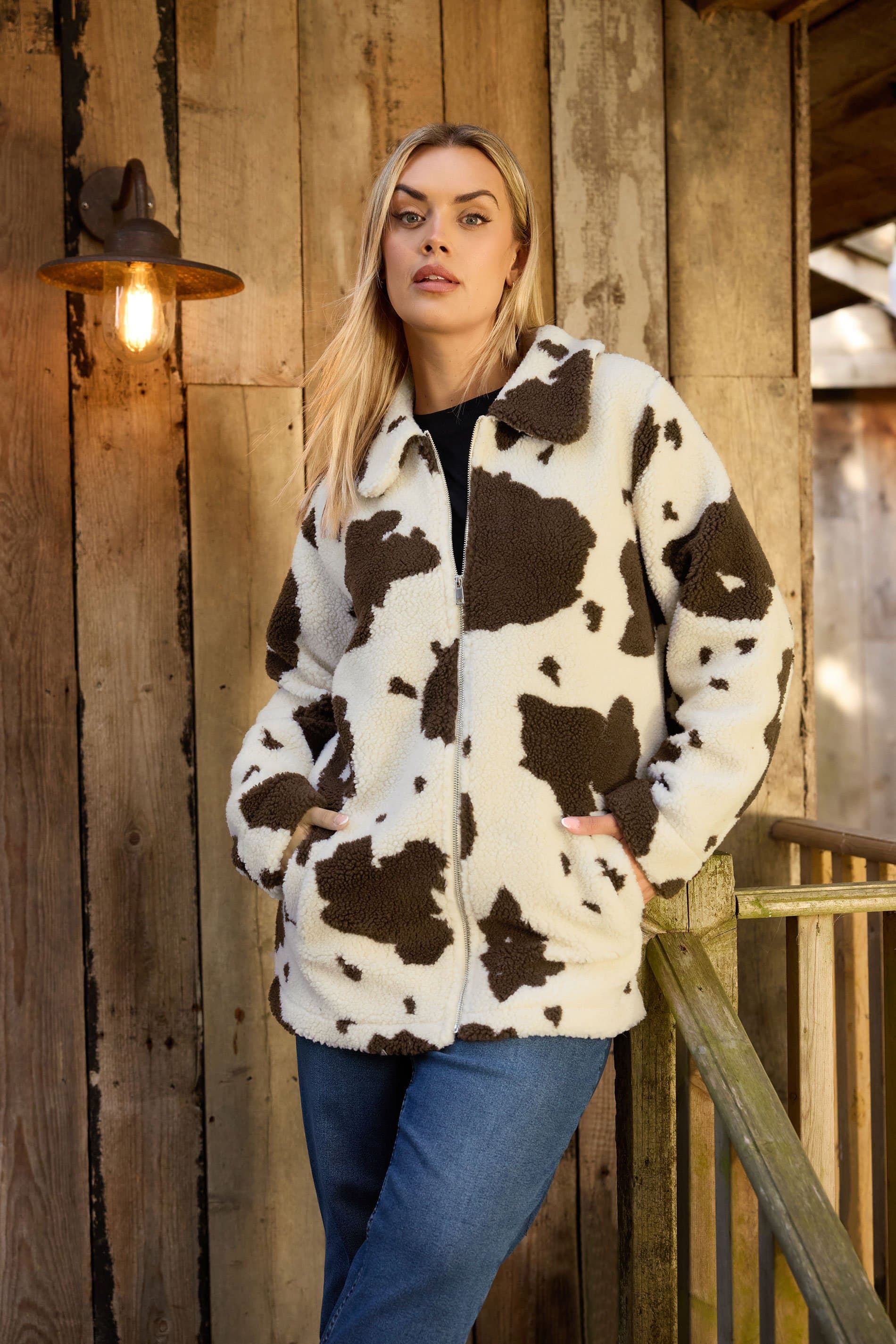 Yours Plus Size Natural Brown Cow Print Teddy Jacket