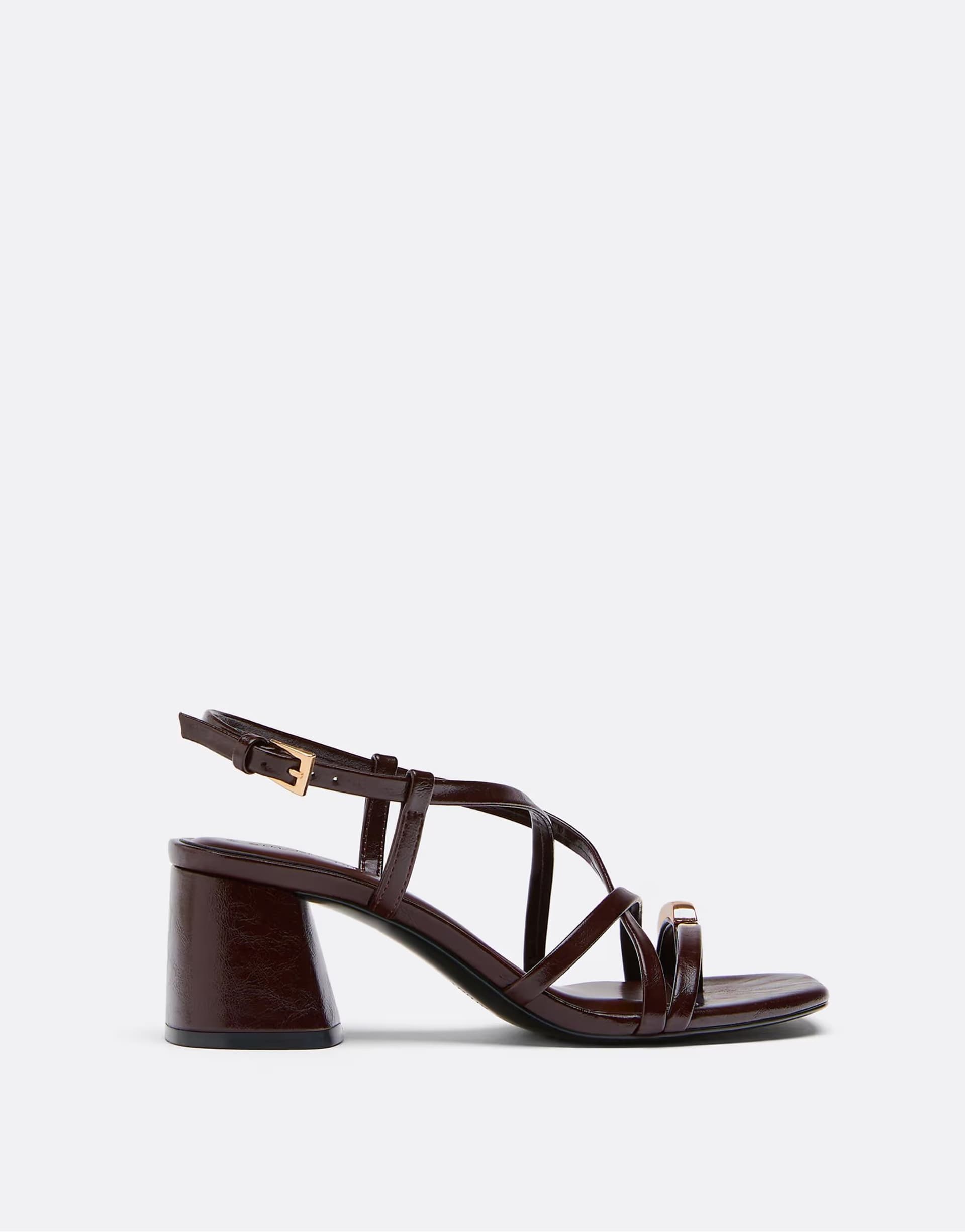 ASOS Stradivarius Heeled multi-strap sandals with detail in brown