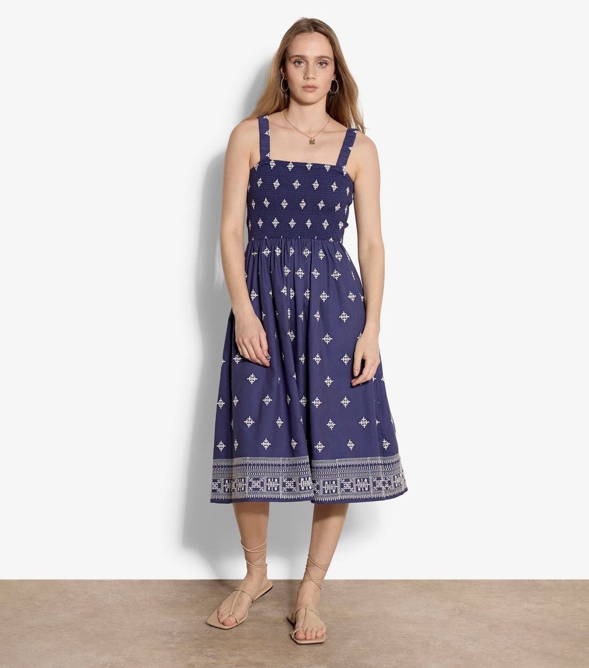 Apricot Women's Blue Embroidered Ruched Strap Midi Dress Apricot New Look