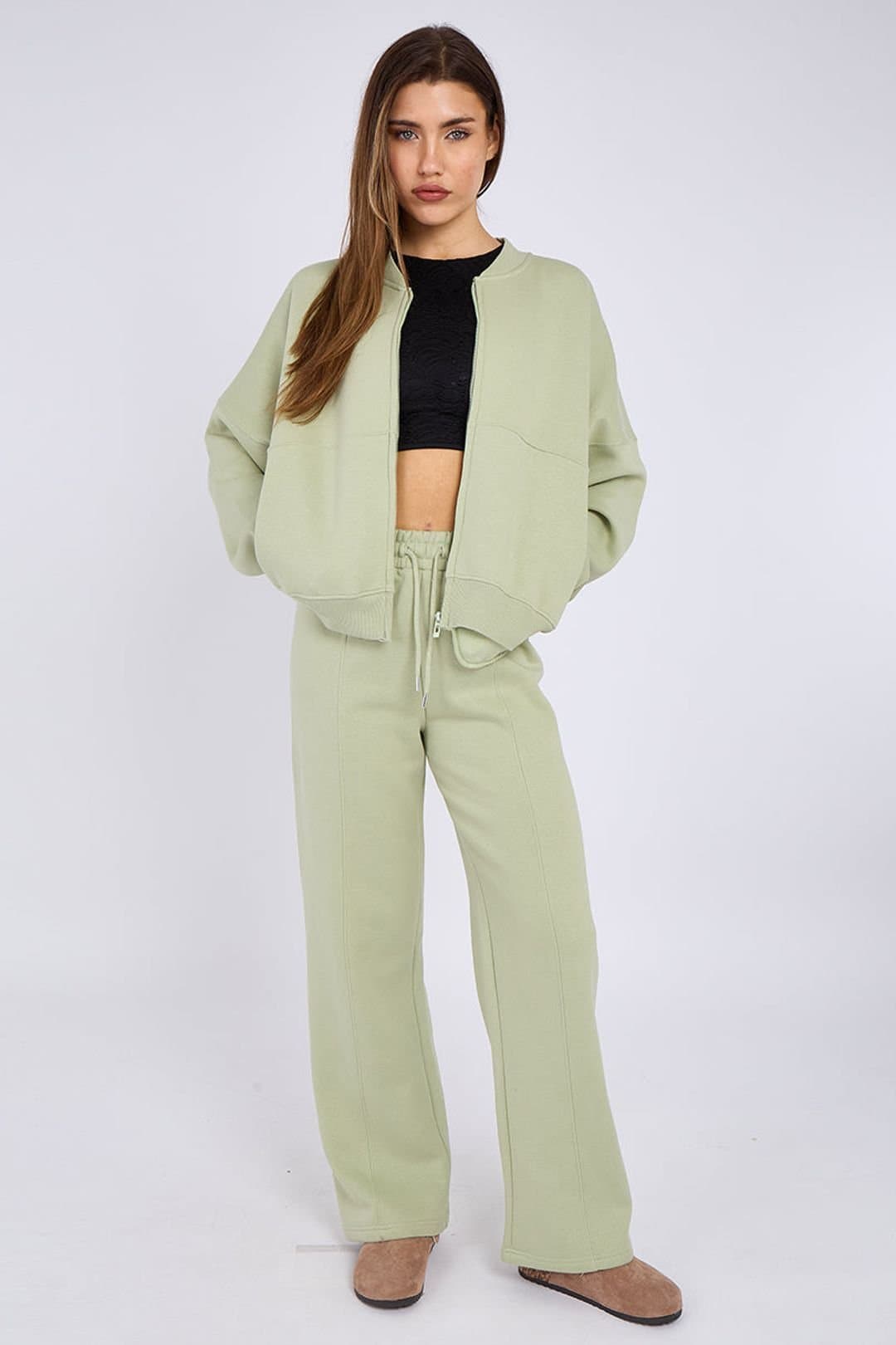 STYLEWISE STYLEWISE Women's Fleece Zipper - Oversized Bomber Style - Co-ord Set in Pale Green