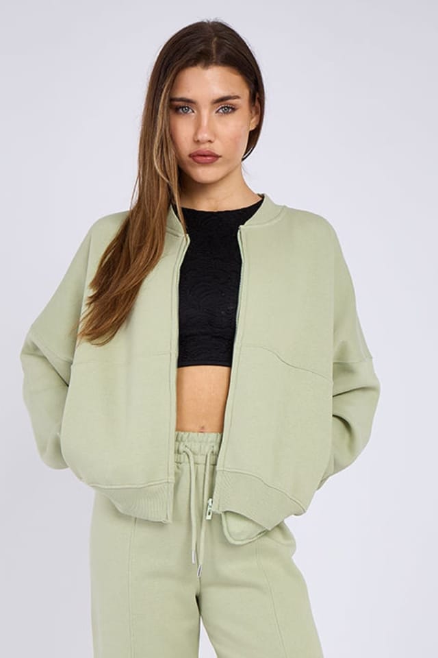 STYLEWISE STYLEWISE Women's Fleece Zipper - Oversized Bomber Style - Co-ord Set in Pale Green - 2