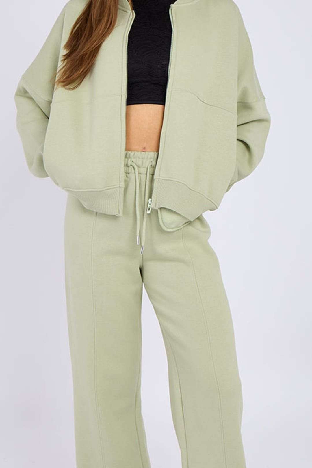 STYLEWISE STYLEWISE Women's Fleece Zipper - Oversized Bomber Style - Co-ord Set in Pale Green - 4