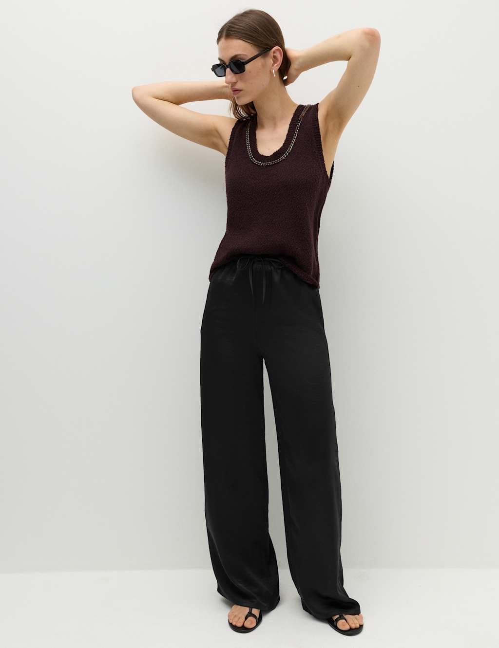 Marks & Spencer M&S Satin Drawstring Wide Leg Trousers Black