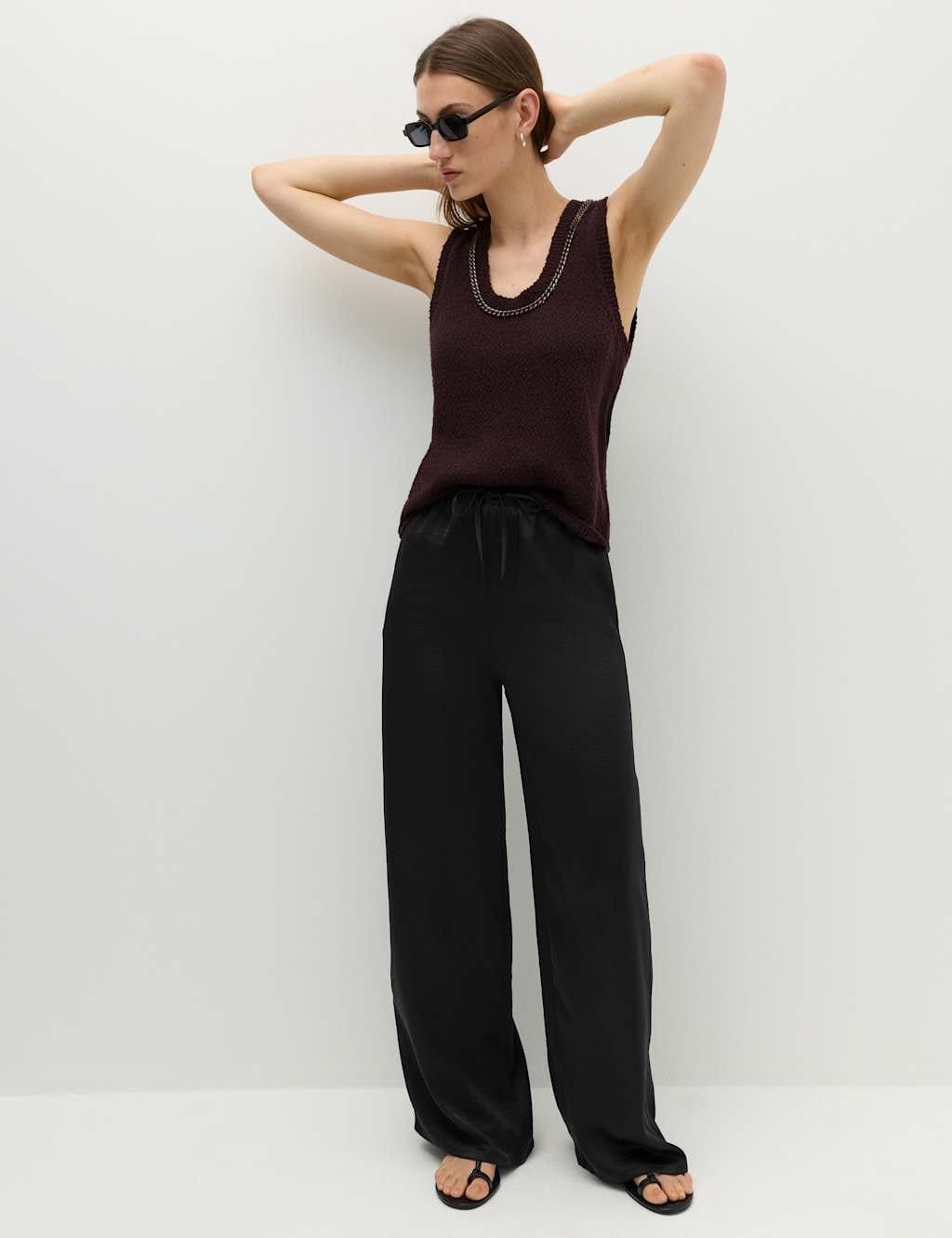 M&S Satin Drawstring Wide Leg Trousers Black