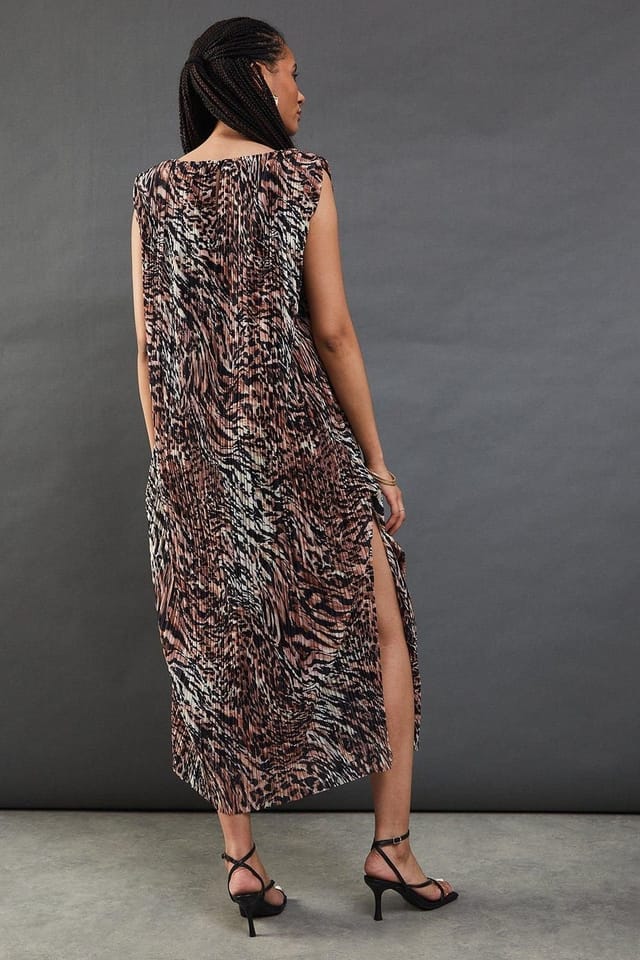 Warehouse Warehouse Women's Printed Plisse Shoulder Pad Sleeveless Midi Dress in Animal - 3