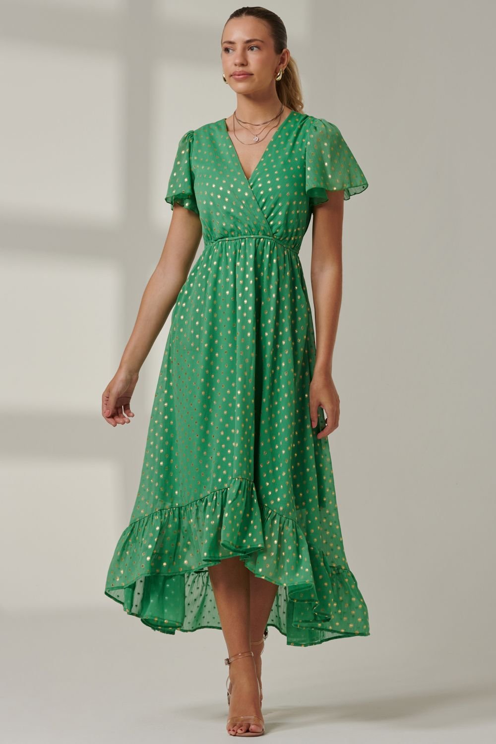 Jolie Moi Jolie Moi Women's Metallic Effect Angel Sleeve Maxi Dress in Green - 2