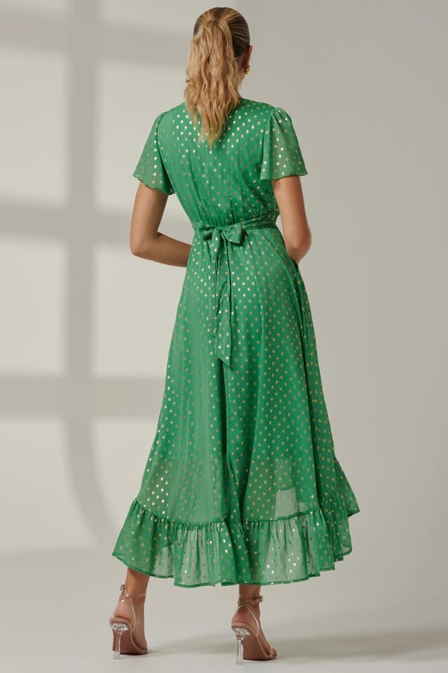 Jolie Moi Jolie Moi Women's Metallic Effect Angel Sleeve Maxi Dress in Green - 2