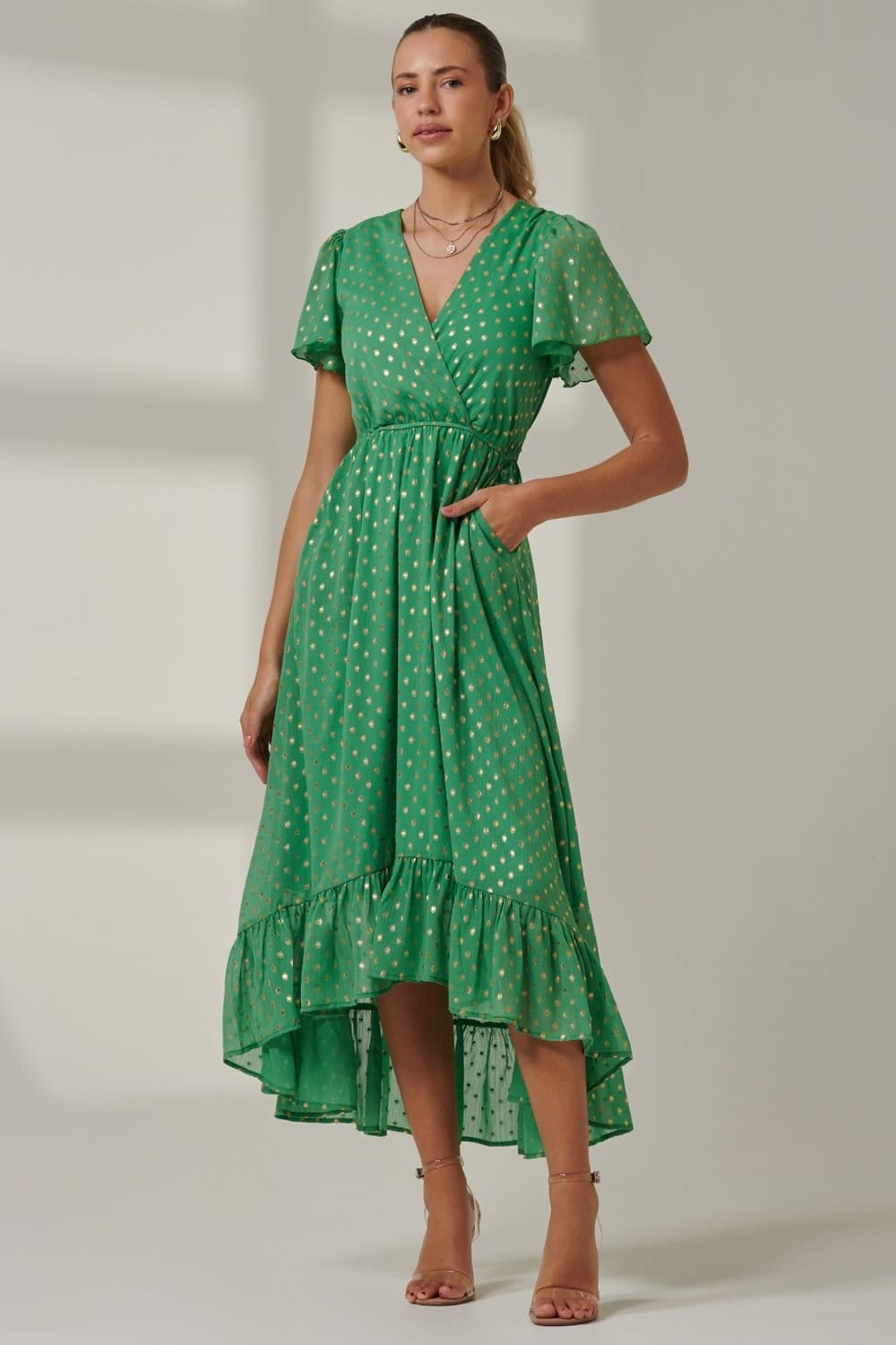 Jolie Moi Jolie Moi Women's Metallic Effect Angel Sleeve Maxi Dress in Green - 4
