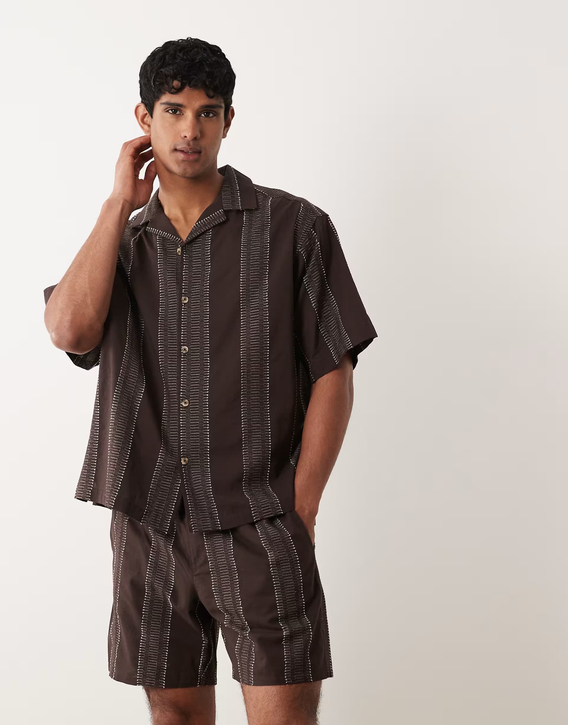 ASOS ASOS DESIGN co-ord oversized revere textured shirt in dark brown