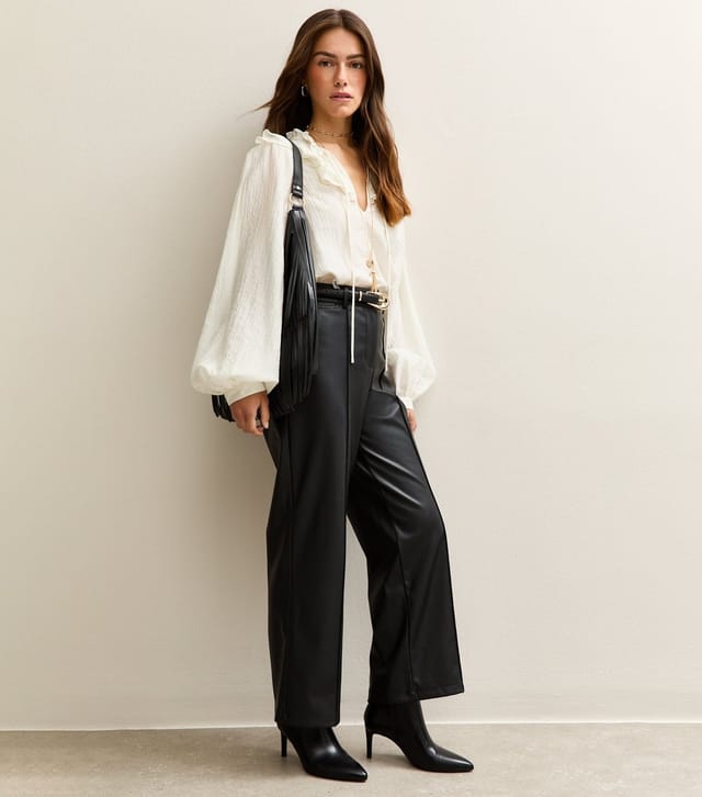 New Look Women's Petite Black Faux Leather Wide Leg Trousers New Look - 3