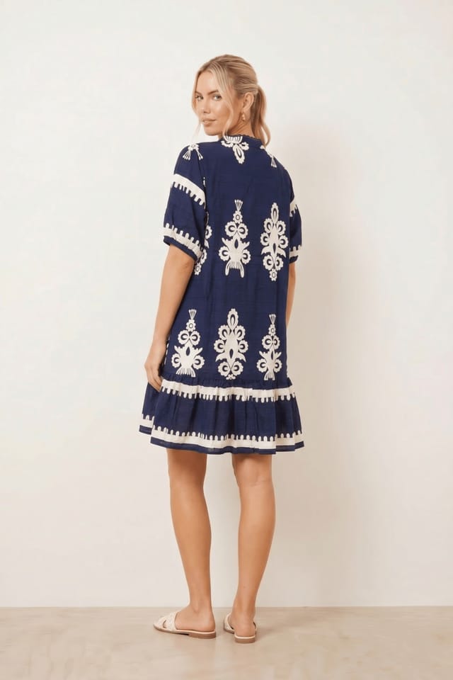 Style Cheat Style Cheat Women's Navy & White Placement Print Smock Mini Dress - 3