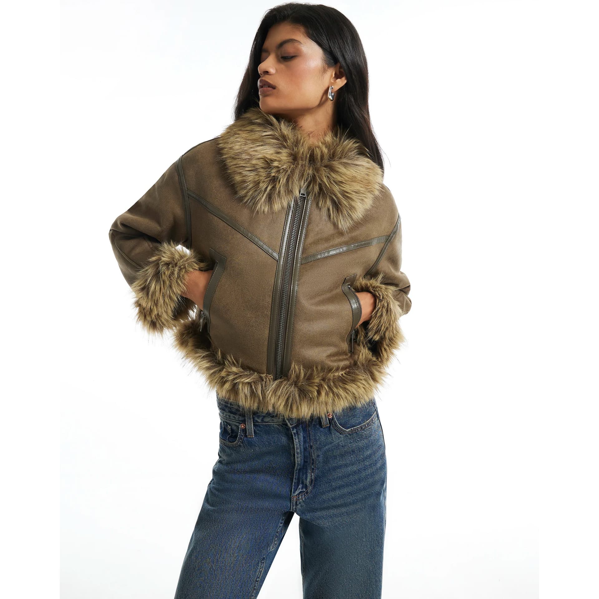 River Island River Island Womens Khaki Faux Fur Lined Jacket
