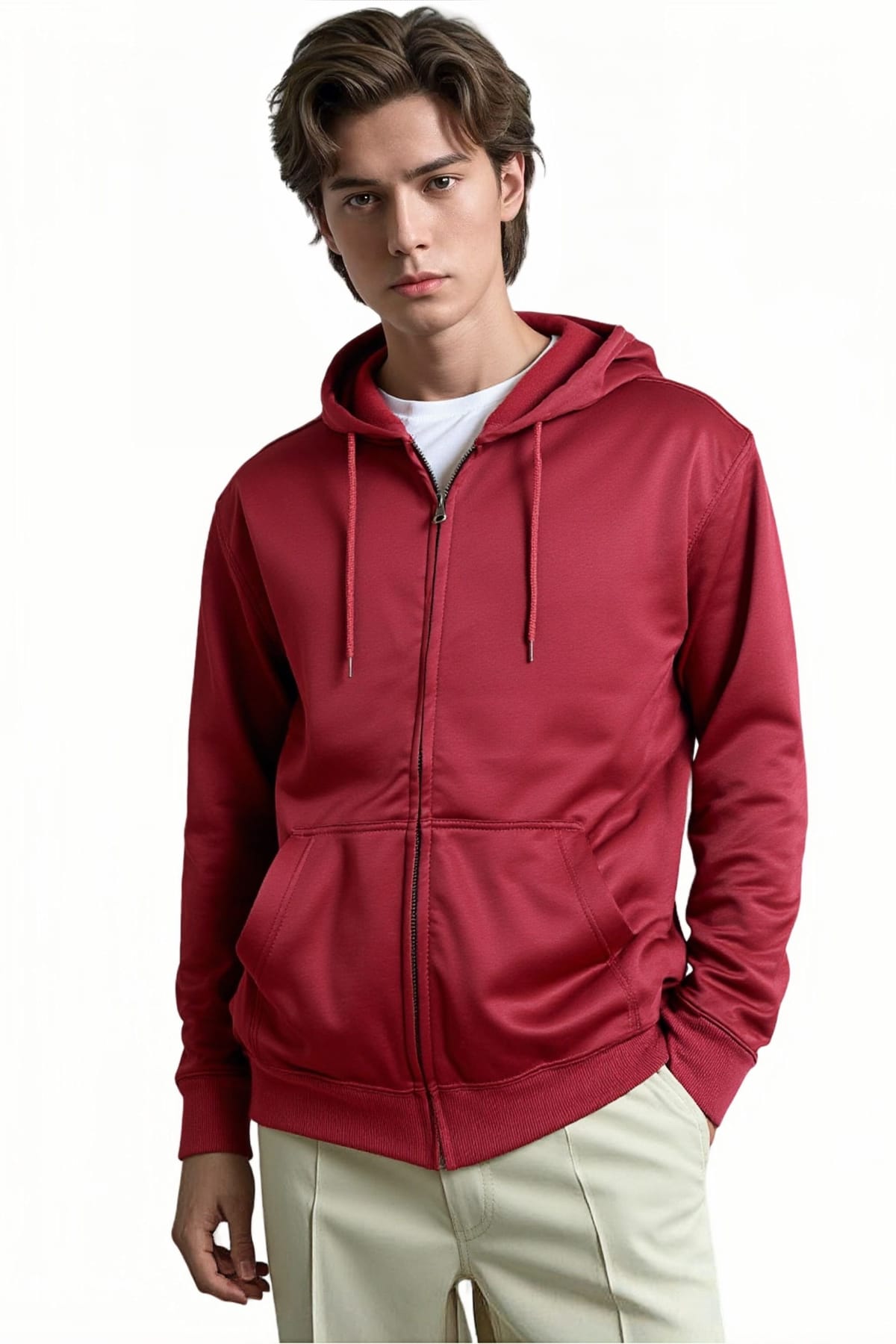 SweetLook SweetLook Men's Plain Full Zip Up Polyester Hoodies for Men Uk in Maroon - 1