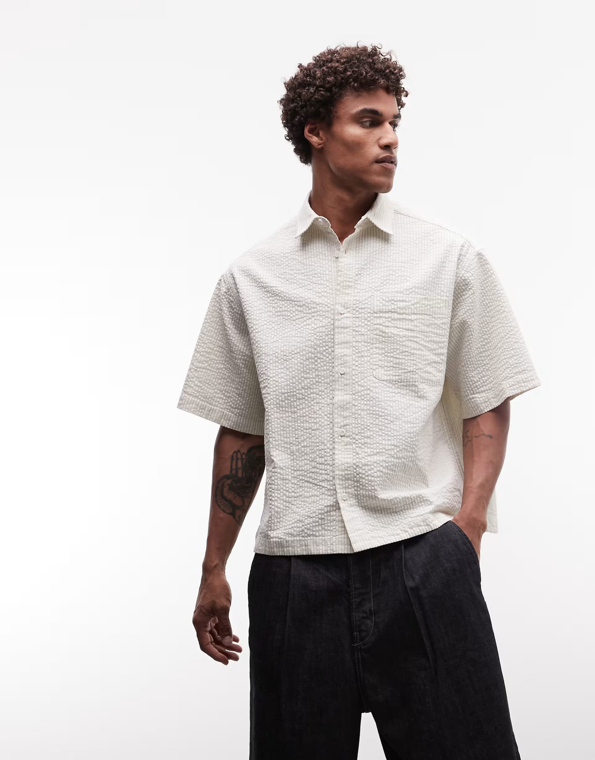 ASOS DESIGN boxy oversized seersucker stripe shirt in white and beige