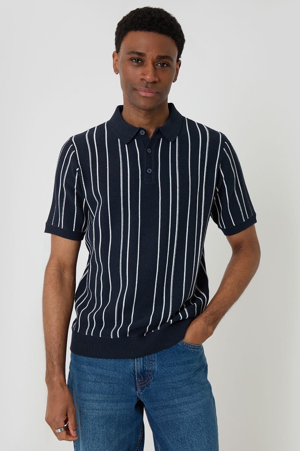 Threadbare Threadbare Men's Textured Stripe Knitted Polo in Navy