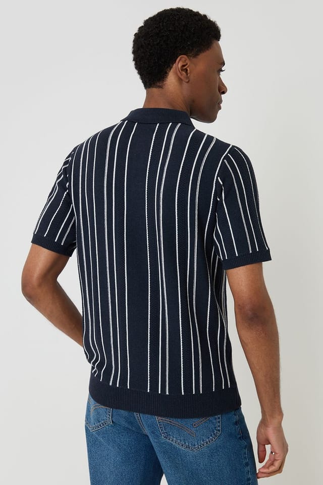 Threadbare Threadbare Men's Textured Stripe Knitted Polo in Navy - 2