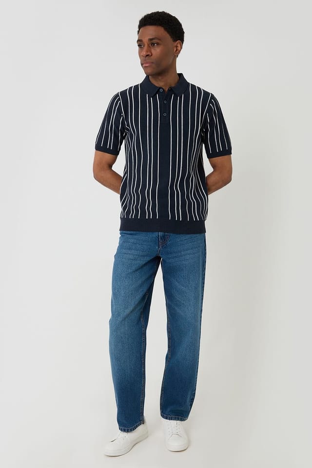 Threadbare Threadbare Men's Textured Stripe Knitted Polo in Navy - 3