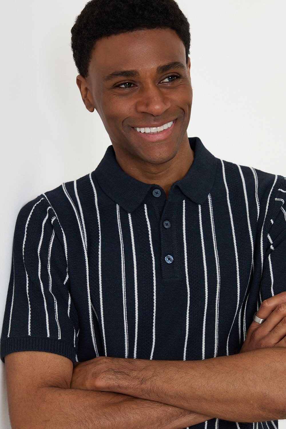 Threadbare Threadbare Men's Textured Stripe Knitted Polo in Navy - 4
