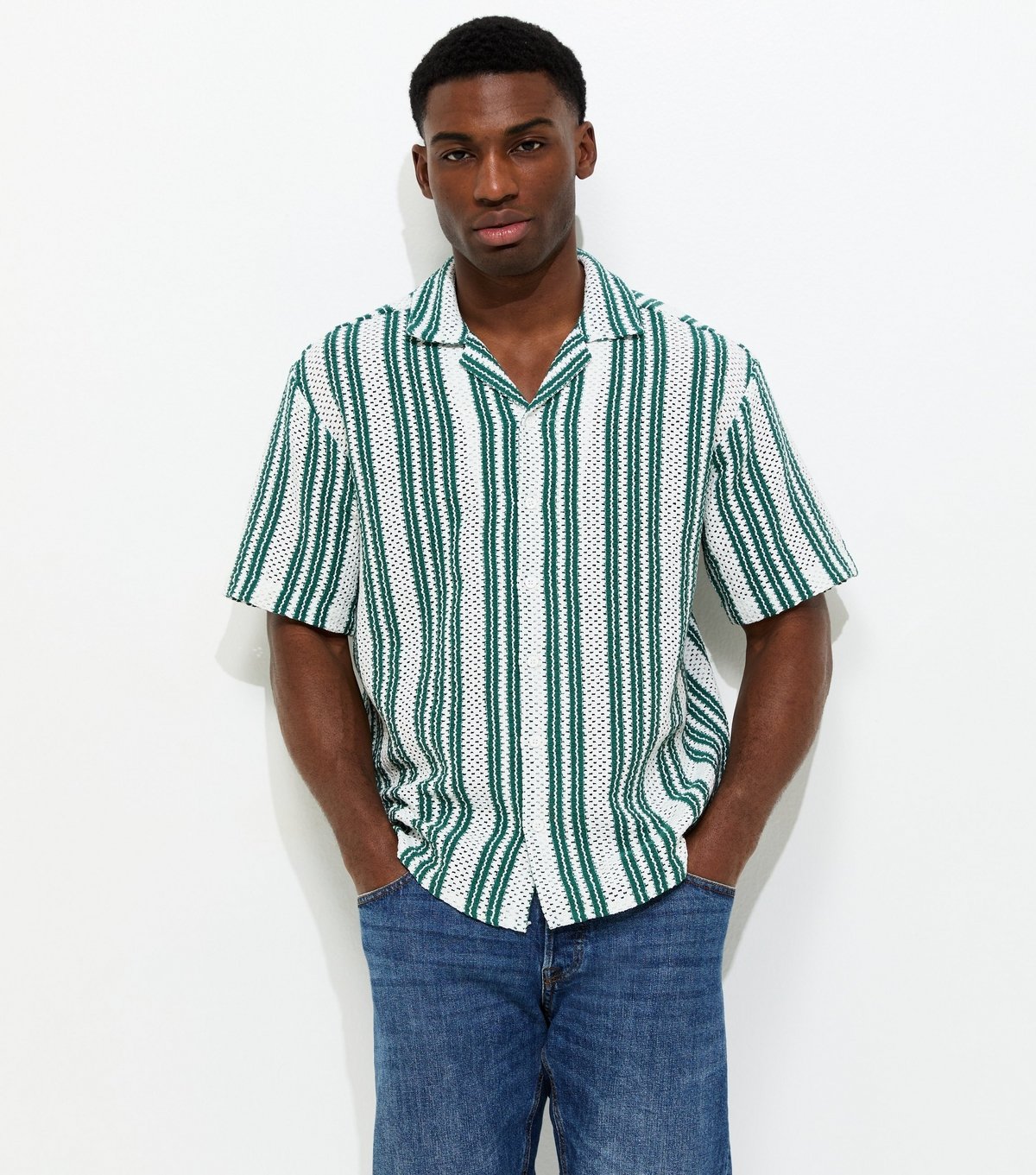 Only and Sons Men's Green Relaxed Crochet Short Sleeve Shirt Only and Sons New Look - 2