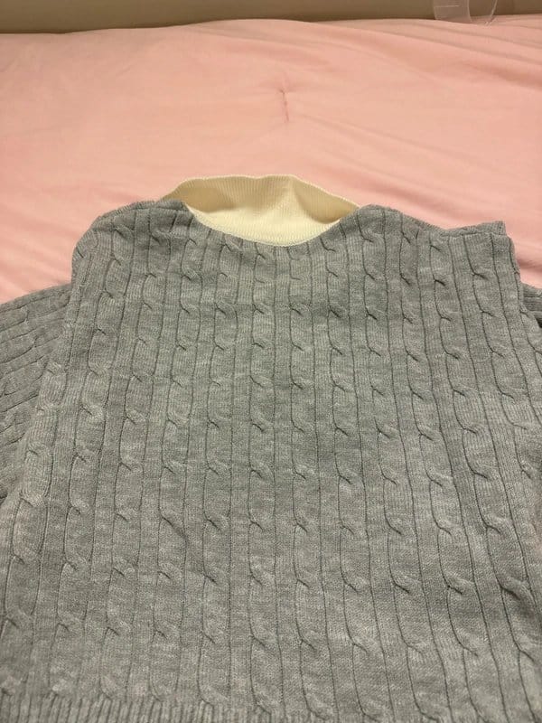 Bershka Grey Cable Knit Cropped Oversized Polo Sweater