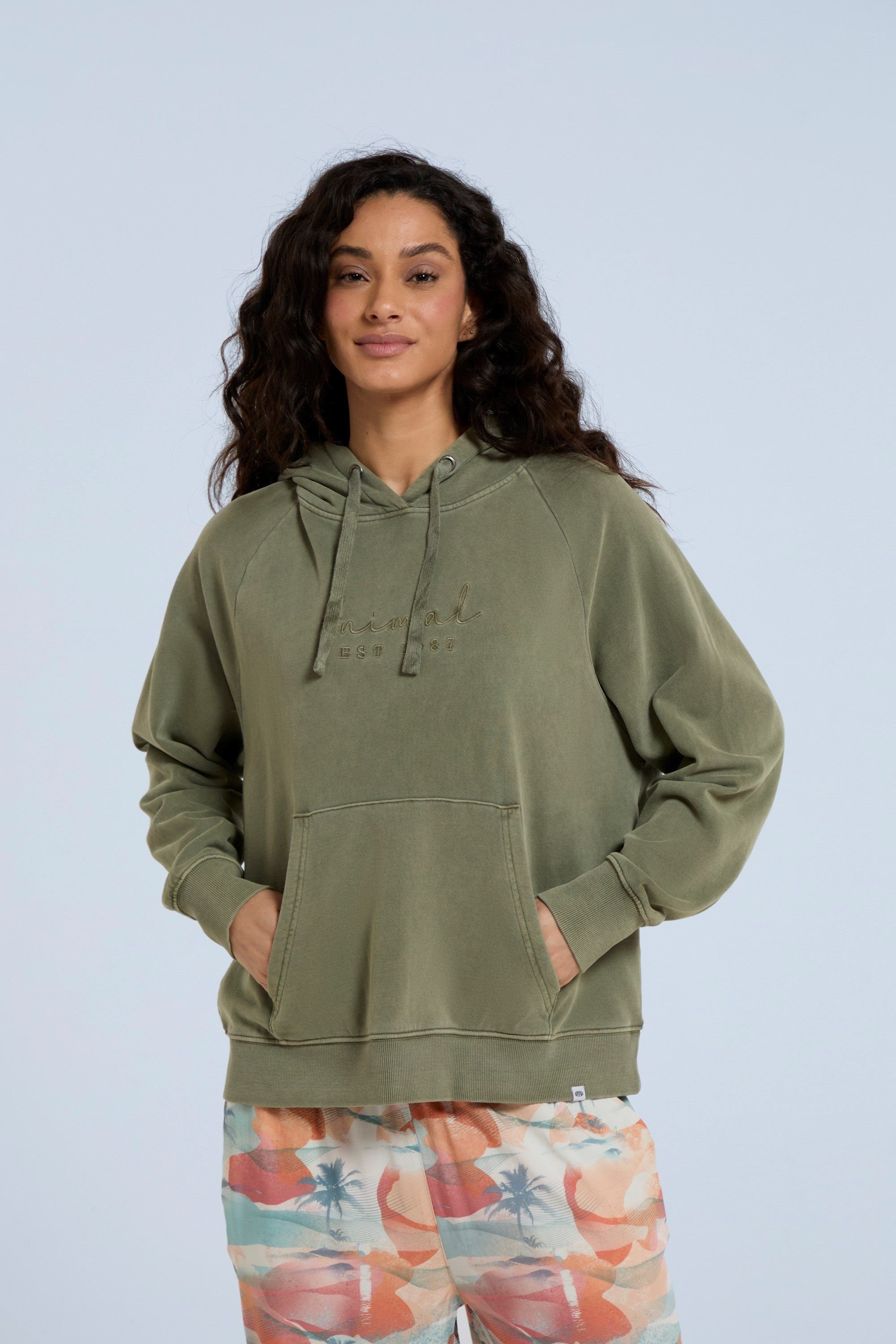 Animal Animal Women's 'Kaya' Soft Cotton Graphic Hoodie Adjustable Lightweight Sweatshirt in Dark Green - 2