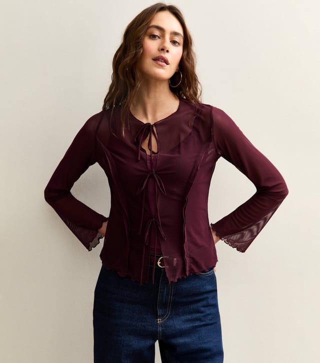 New Look Women's Burgundy Tie Front Long Sleeve Mesh Top New Look - 2