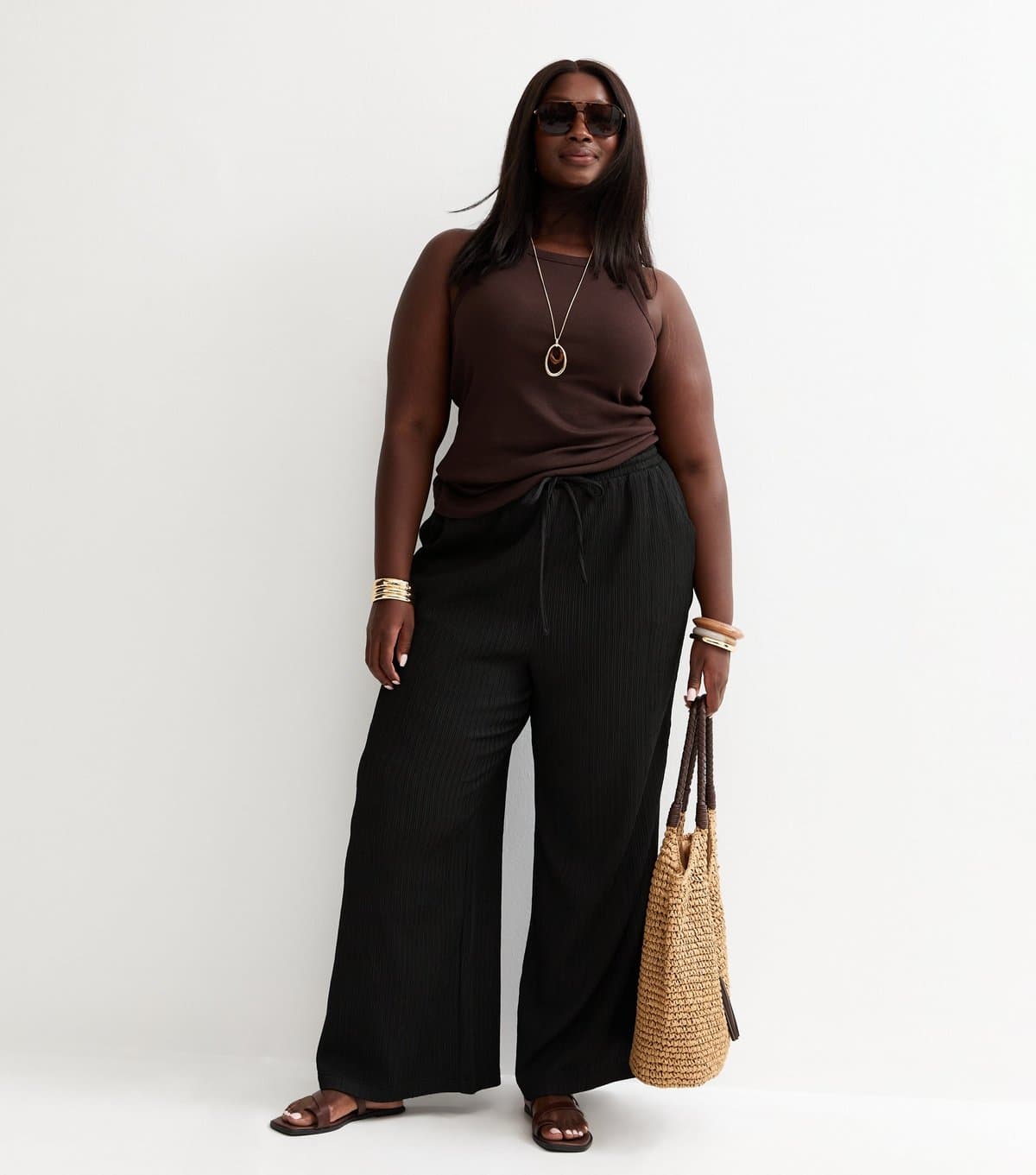New Look Women's Plus Size Black Crinkled Jersey Wide Leg Trousers Curves New Look