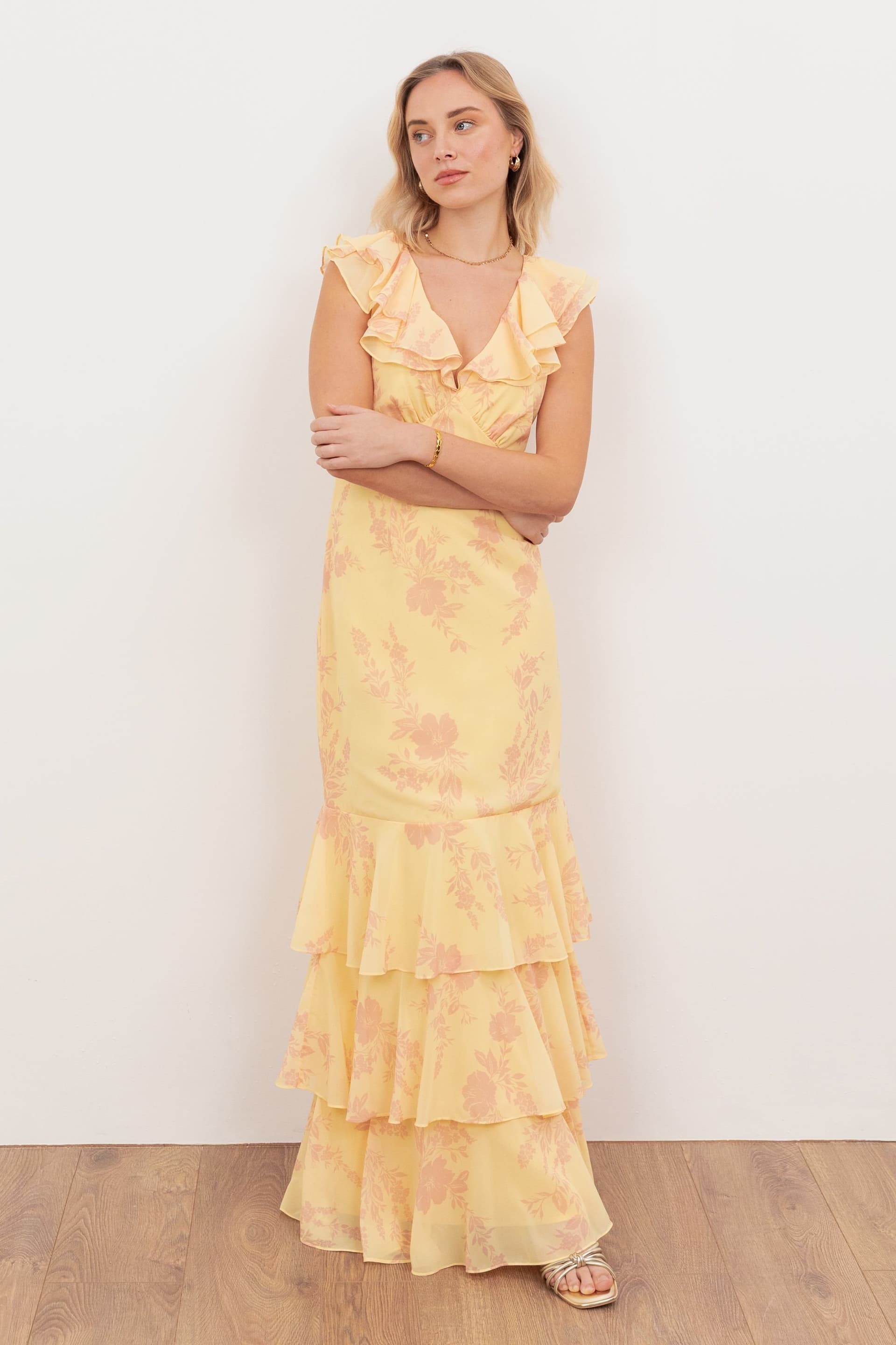 Anaya with Love Anaya with Love Women's Floral V Neck Ruffle Maxi Dress in Yellow
