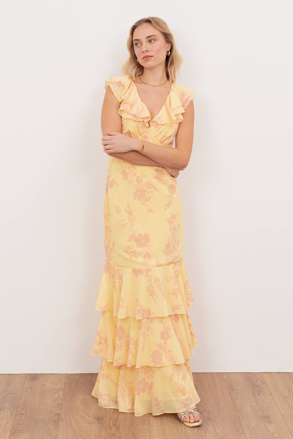 Anaya with Love Anaya with Love Women's Floral V Neck Ruffle Maxi Dress in Yellow - 2