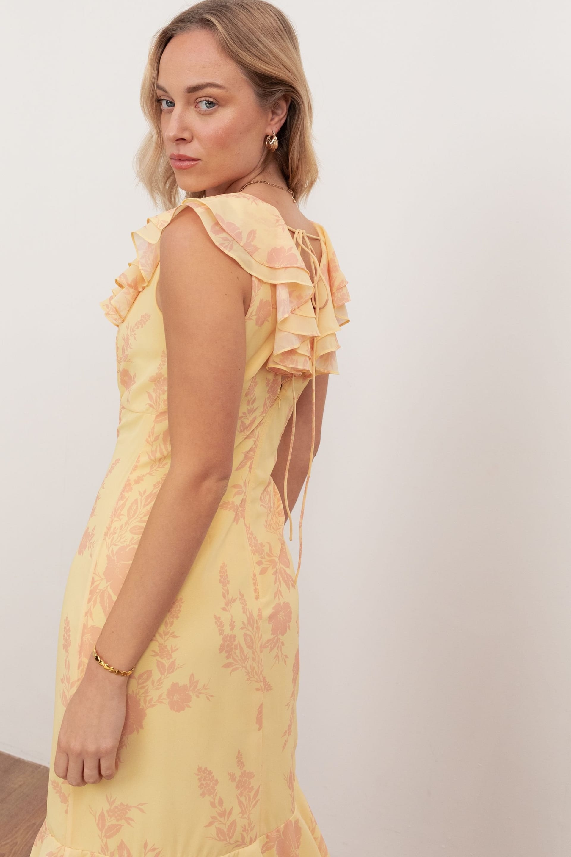 Anaya with Love Anaya with Love Women's Floral V Neck Ruffle Maxi Dress in Yellow - 4