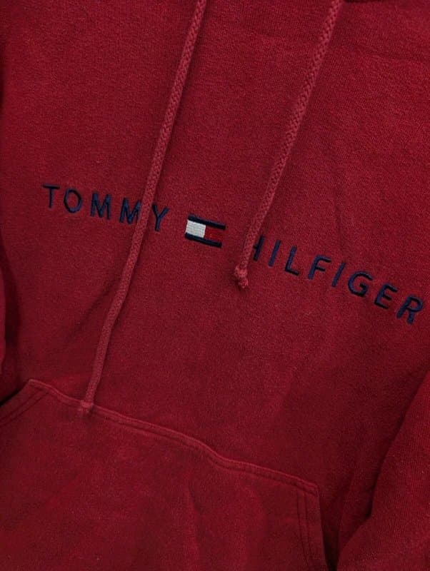 Tommy Hilfiger Vintage Tommy Jeans Hoodie Medium Red Spell Out Flag Logo Boxy Made in Canada 90