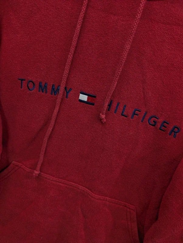 Vintage Tommy Hilfiger Red Spell Out Flag Logo Boxy Hoodie