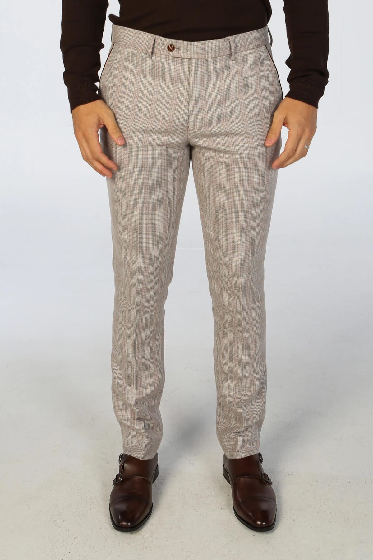 Paul Andrew Paul Andrew Men's Leo Checked Trousers in Beige - 1
