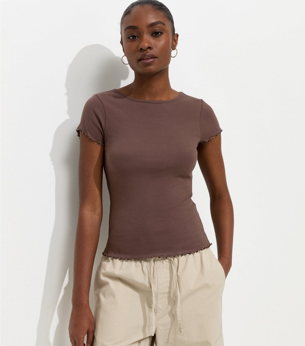 New Look Women's Dark Brown Cotton Rich Ribbed Babylock T-Shirt New Look - 1