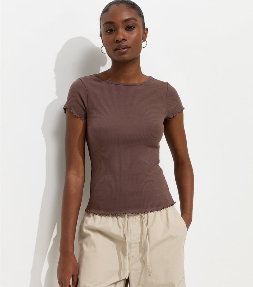 New Look Women's Dark Brown Cotton Rich Ribbed Babylock T-Shirt New Look - 1
