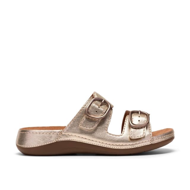 Clarks Clarks Women's Cecily Step Champagne Leather Flat Sandals, Sliders in Beige - 3