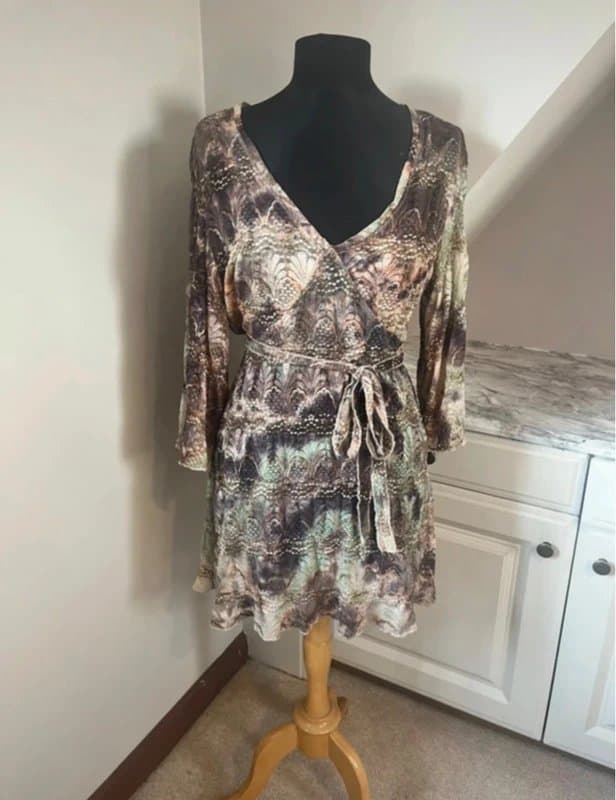 Per Una Marks & Spencer Per Una Vintage y2k Brown Green Beige Tie Die Lace Wrap Tie Summer Dress Size 14/16