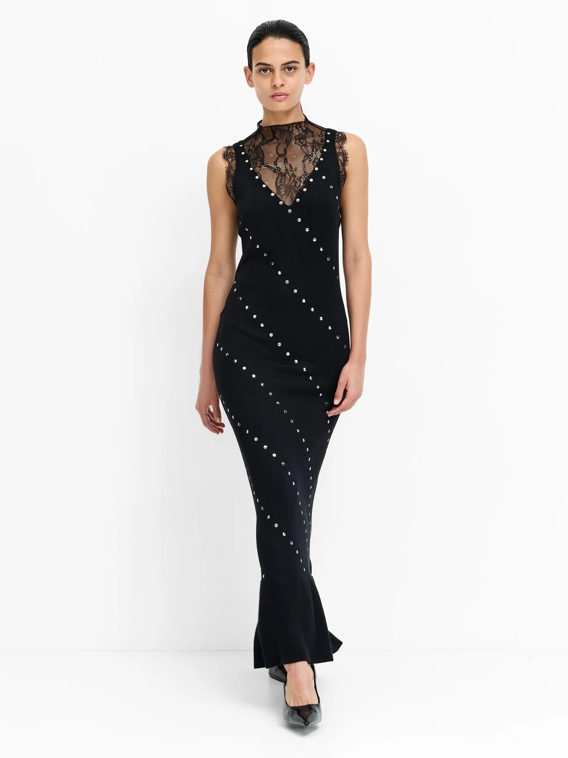 French Connection Mari Black Studded Lace Maxi Dress Black